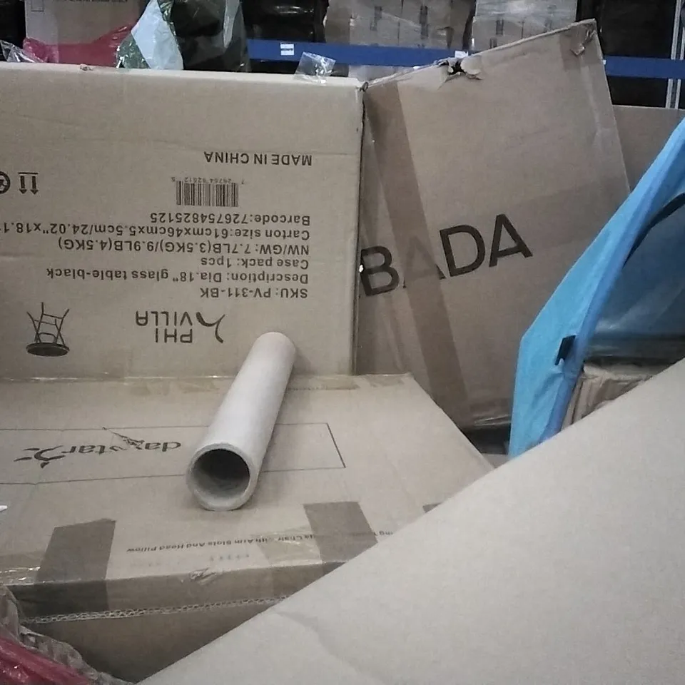 PALLET OF ASSORTED ITEMS INCLUDING FIRE BOWL, PARASOL BASE SET, FOLDING MINI TENT, KARMIC CHAIR BLACK, GLASS TABLE BLACK 
