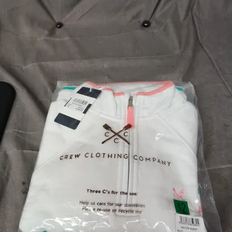 CREW CLOTHING HALF ZIP SWEATSHIRT – WHITE WITH CORAL & TEAL TRIM – UK 12