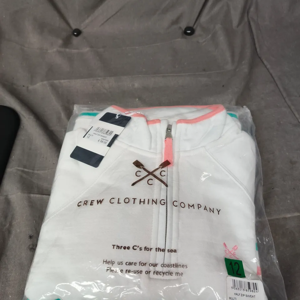 CREW CLOTHING HALF ZIP SWEATSHIRT – WHITE WITH CORAL & TEAL TRIM – UK 12