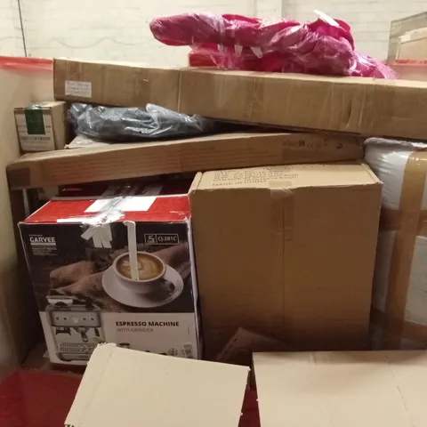 PALLET OF ASSORTED HOUSEHOLD GOODS AND PRODUCTS TO INCLUDE; COFFEE MACHINE, COMPUTER MONITOR, BOXED FURNITURE ETC