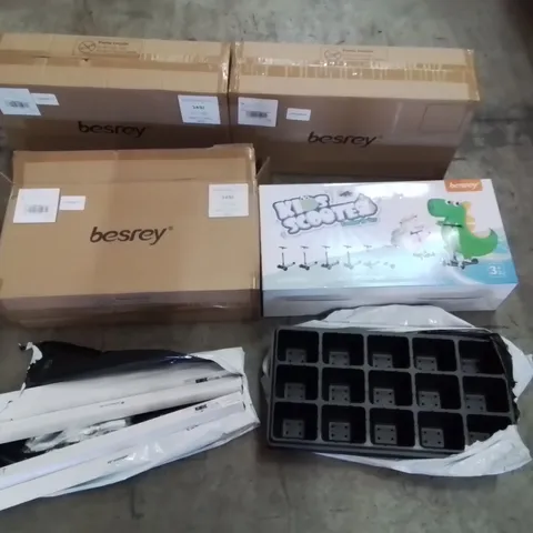 PALLET CONTAINING A LARGE QUANTITY OF BESREY KIDS SCOOTERS AND OTHER ASSORTED ITEMS INCLUDING LED LIGHT BARS, PLASTIC PLANTERS ECT