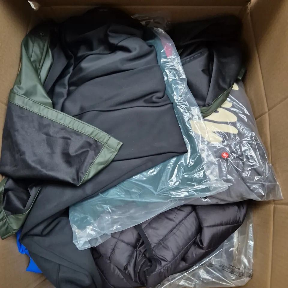 LARGE BOX OF ASSORTED CLOTHING ITEMS IN ASSORTED COLOUR, SIZES AND STYLES