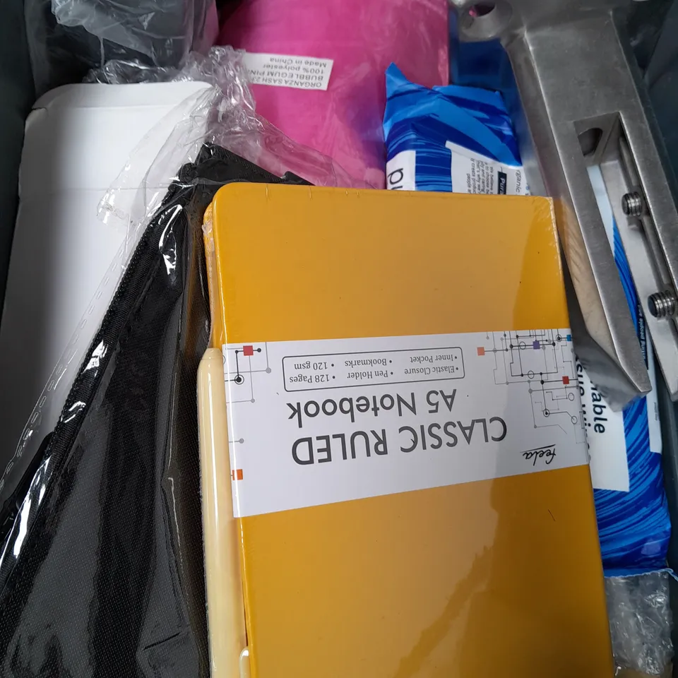 BOX OF ASSORTED HOUSE HOLD ITEMS TO INCLUDE GOLF GLOVES - DOG COLLARS  - BOOKS 