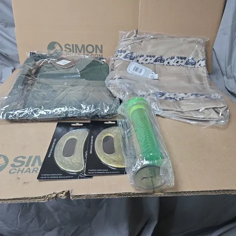 BOX OF APPROXIMATELY 20 ASSORTED HOUSEHOLD ITEMS TO INCLUDE CLOTHING, HAND BAG, BOTTLE, GUA SHA TOOL ETC