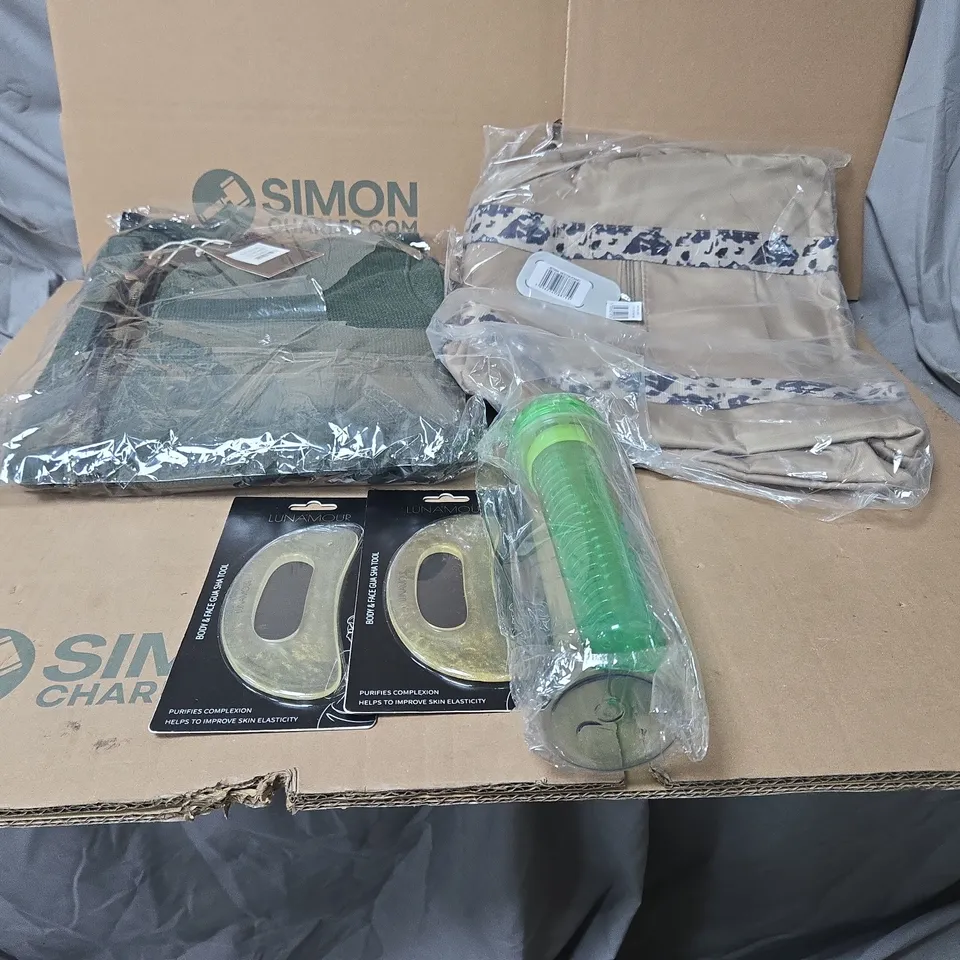 BOX OF APPROXIMATELY 20 ASSORTED HOUSEHOLD ITEMS TO INCLUDE CLOTHING, HAND BAG, BOTTLE, GUA SHA TOOL ETC