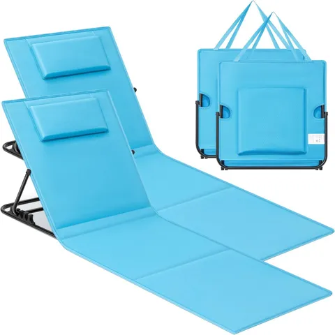 BOXED SONGMICS SET OF 2 FOLDING BEACH SUNLOUNGERS, RECLINING BACKREST, LIGHTWEIGHT PORTABLE WITH HANDLE, 158×55 CM, SKY BLUE