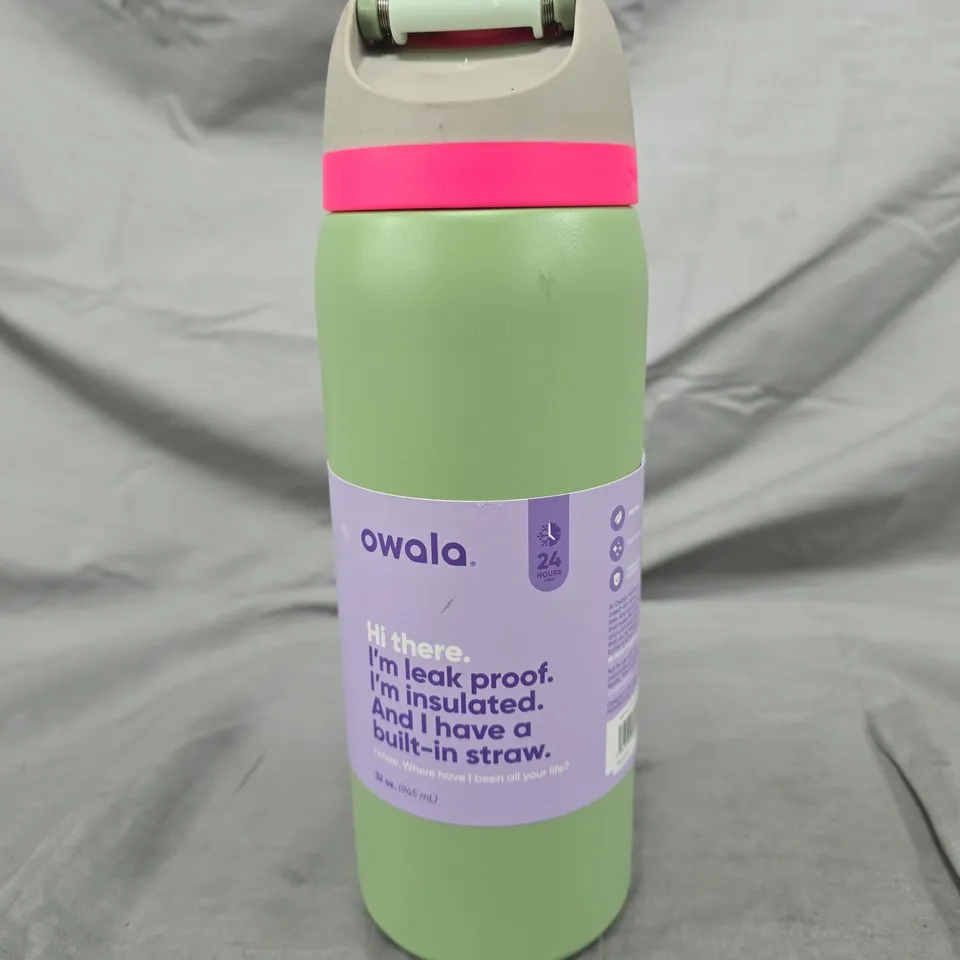 OWALA FREESIP INSULATED WATER BOTTLE 32 OZ – LIGHT GREEN WITH PURPLE LABEL