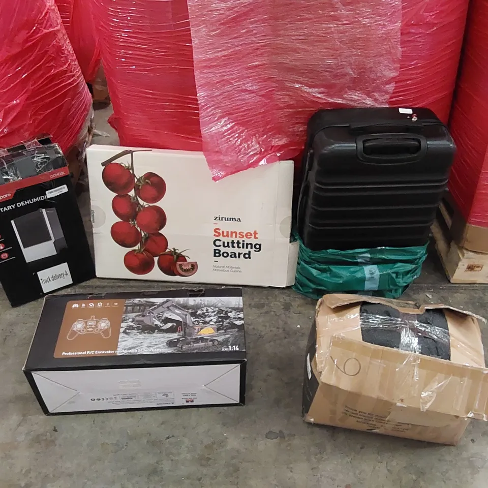 PALLET OF ASSORTED ITEMS INCLUDING: DR.PREPARE ROTARY DEHUMIDIFIER, PROFESSIONAL R/C EXCAVATOR MODEL, SUITCASE, DOG BED