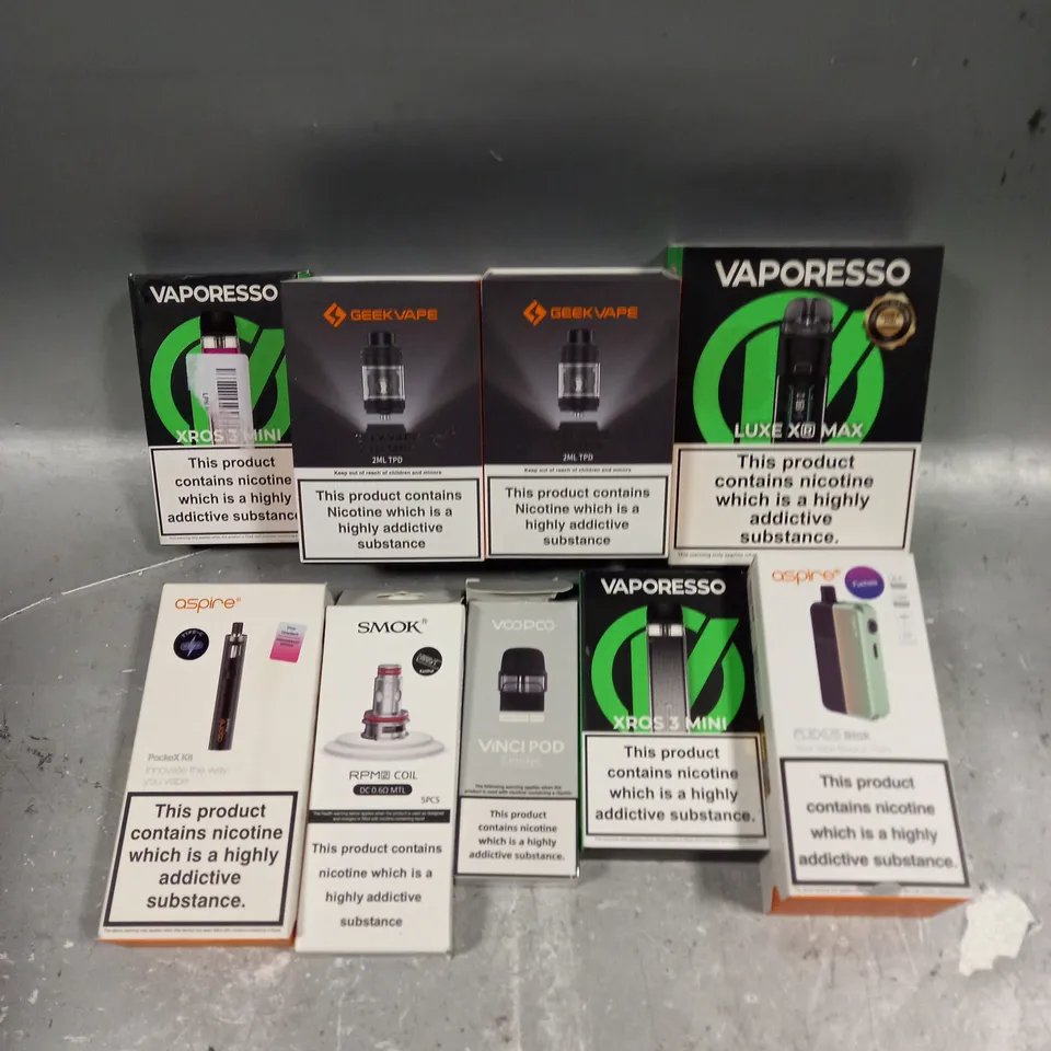 APPROXIMATELY 20 ASSORTED E-CIGARETTE PRODUCTS/ACCESSORIES TO INCLUDE VAPORESSO, ASPIRE, SMOK ETC 