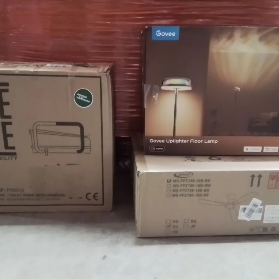 PALLET OF ASSORTED HOUSEHOLD GOODS AND PRODUCTS TO INCLUDE;FLOOR LAMP,TOILET RAISER,CEILING FAN 