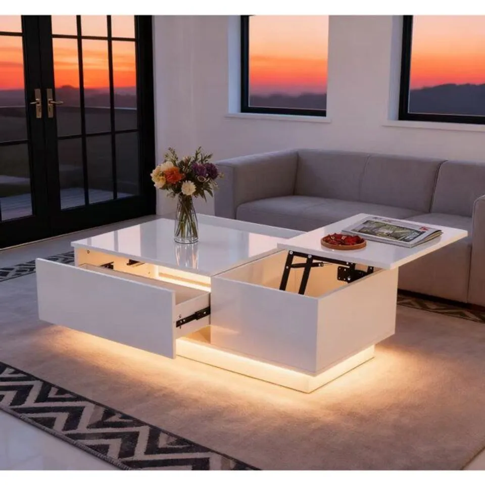 BOXED WHITE COFFEE TABLE WITH LIFT TOP LED LIGHTS EXTENDABLE FLOOR SHELF