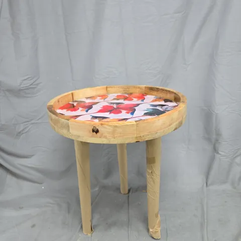 ROUND WOODEN THREE-LEGGED STOOL WITH FLORAL PRINT TOP