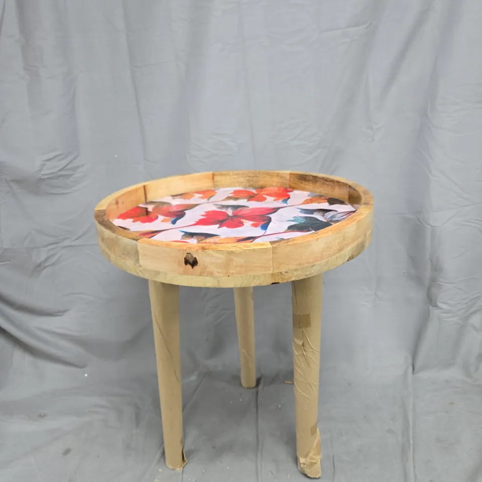 ROUND WOODEN THREE-LEGGED STOOL WITH FLORAL PRINT TOP