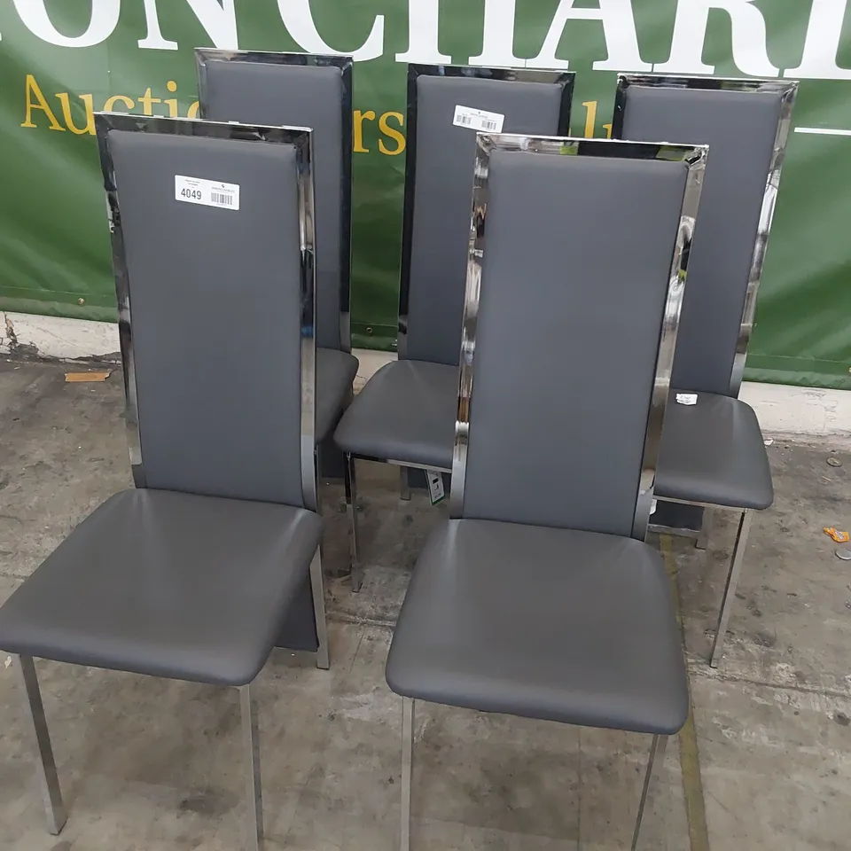 SET OF 5 DESIGNER UPHOLSTERED DINING CHAIRS GREY PU, CHROME FAMES