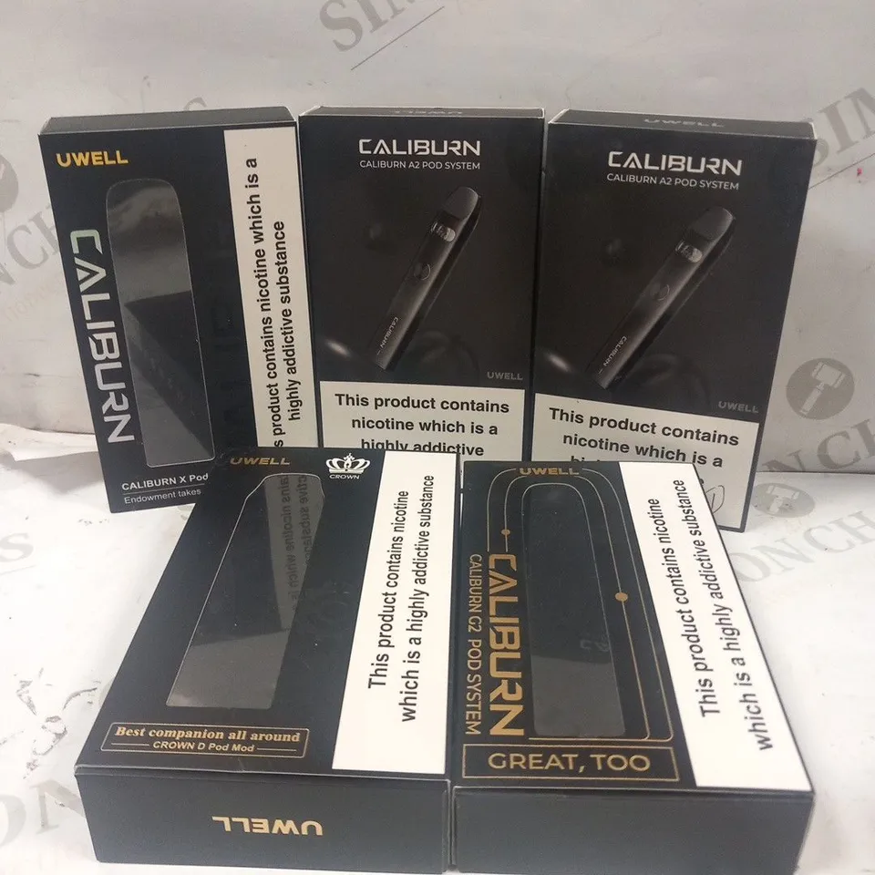 APPROXIMATELY 5 UWELL CALIBURN ASSORTED VAPING PRODUCTS TO INCLUDE; A2 POD SYSTEM, CROWN D POD MOD AND X POD SYSTEM