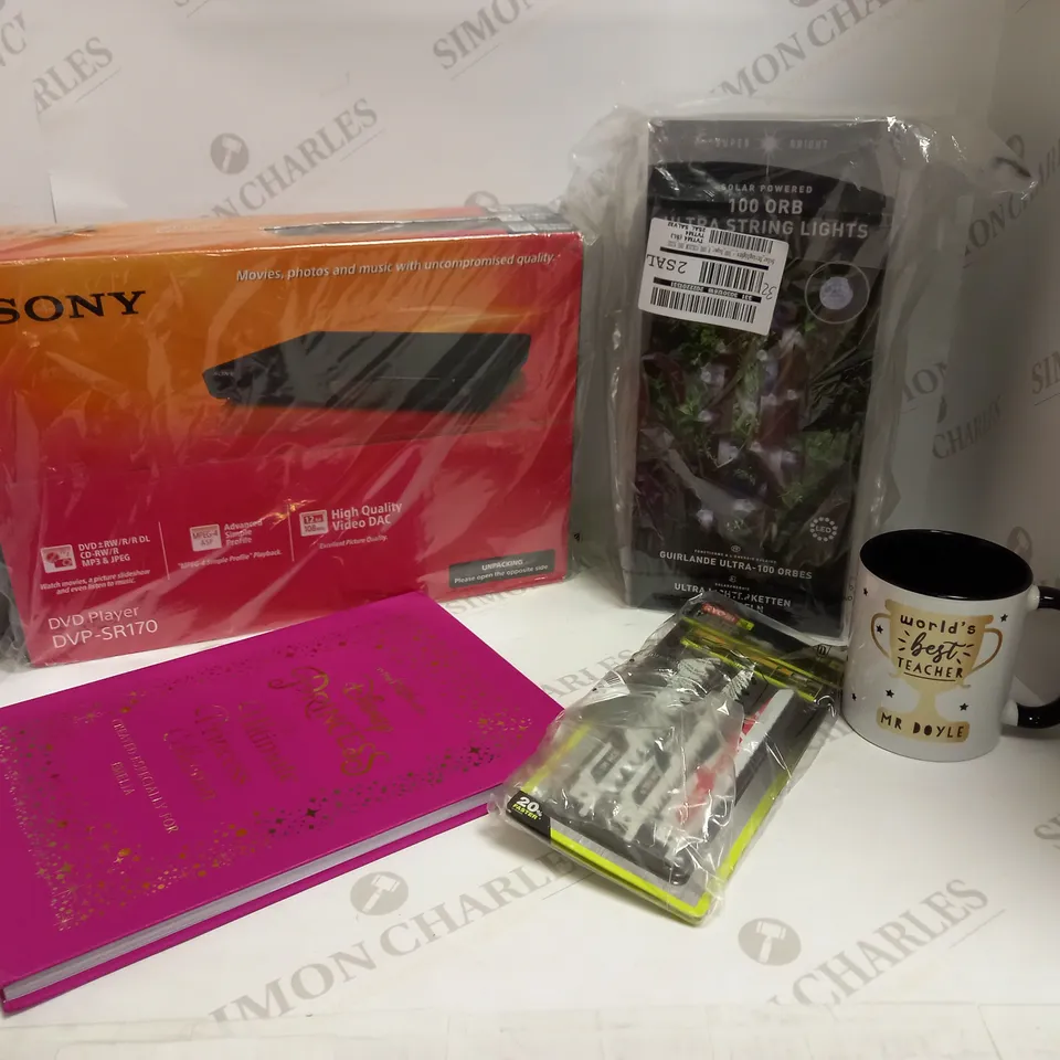 LOT OF APPROXIMATELY 12 ASSORTED HOUSEHOLD ITEMS, TO INCLUDE DVD PLAYER, FAIRY LIGHTS, "EMILIA" PRINCESS BOOK, ETC RRP £260