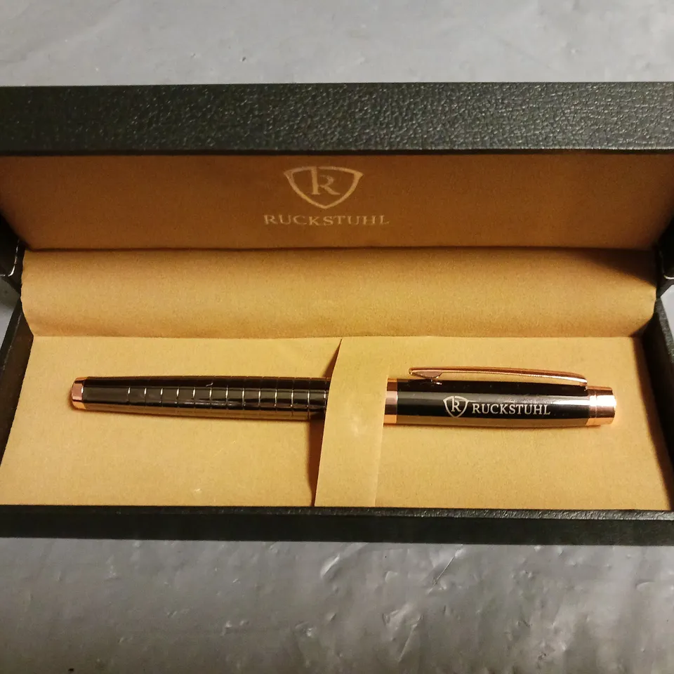 RUCKSTUHL BLACK & ROSE GOLD COLOURED STAINLESS STEEL LUXURY PEN IN GIFT BOX