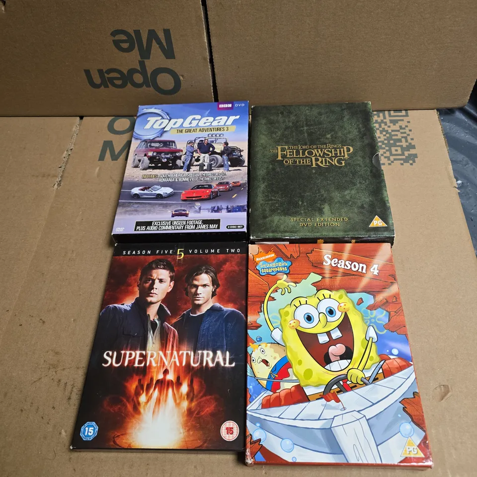 APPROXIMATELY 12 ASSORTED DVDS TO INCLUDE TOP GEAR, LORD OF THE RINGS, SPONGEBOB SQUAREPANTS, SUPERNATURAL ETC