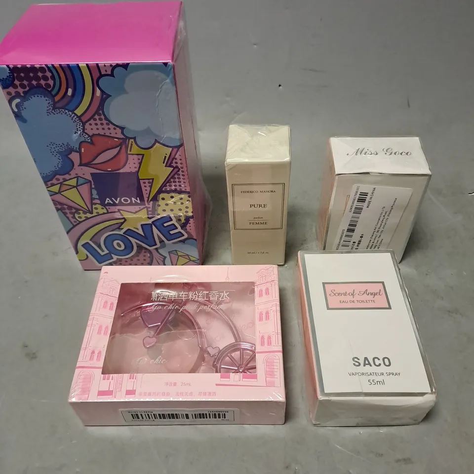 APPROXIMATELY 5 ASSORTED SEALED FRAGRANCES TO INCLUDE - SACO SCENT OF ANGEL - AVON LOVE - FEDERICO MAHORA FEMME - ETC