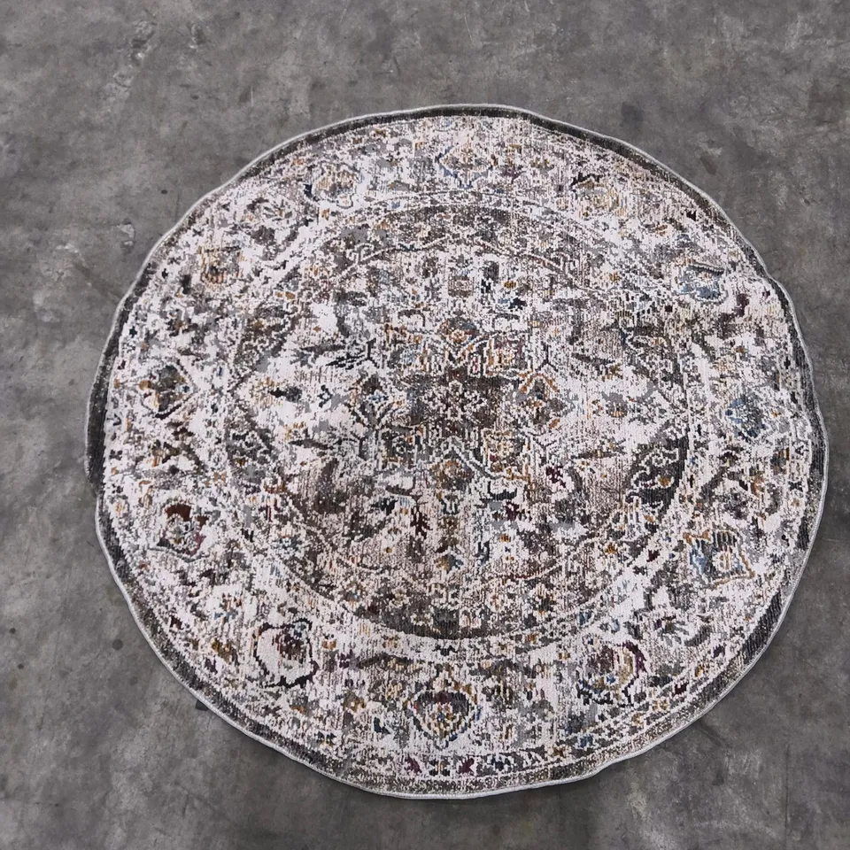 ROUND DECORATIVE RUG – CREAM, GREY & BLUE PATTERN (130X130CM)