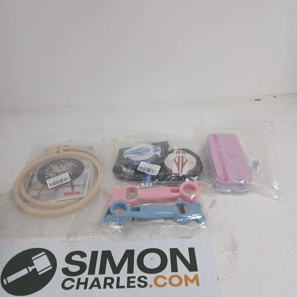 BOX OF APPROXIMATELY 15 ASSORTED HOUSEHOLD ITEMS TO INCLUDE CAR DECORATION STICKERS, EMBROIDERY KIT AND A MATHEMATICAL DRAWING INSTRUMENT