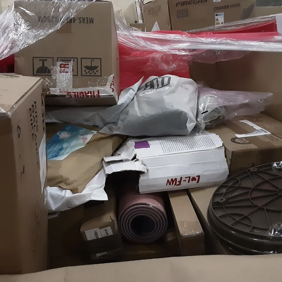 PALLET OF ASSORTED PRODUCTS INCLUDING AUDIO TURNTABLE, MAXKARE FOOT SPA MASSAGER WITH FULL ROLLER, MULTIFUNCTIONAL LAPTOP TABLE, ESJAY MAGNETIC DART BOARD, AMFLIP POP-UP TENT, XJD KIDS BALANCE BIKE