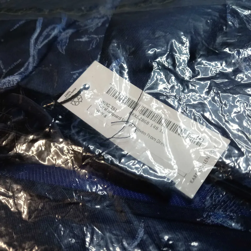 PACKAGED KAREN MILLEN NAVY FLORAL JACQUAD STRAPPY WOVEN PROM DRESS - SIZE 8