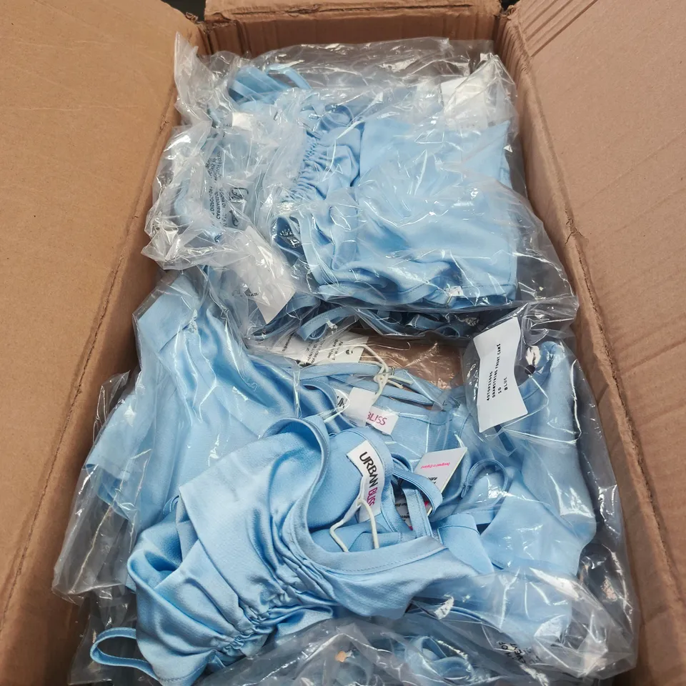 BOX OF APPROXIMATELY 25 URBAN BLISS LIGHT BLUE SATIN RUCHED CROP TOP WITH STRAPS - SIZES 10 /12 /14 /16
