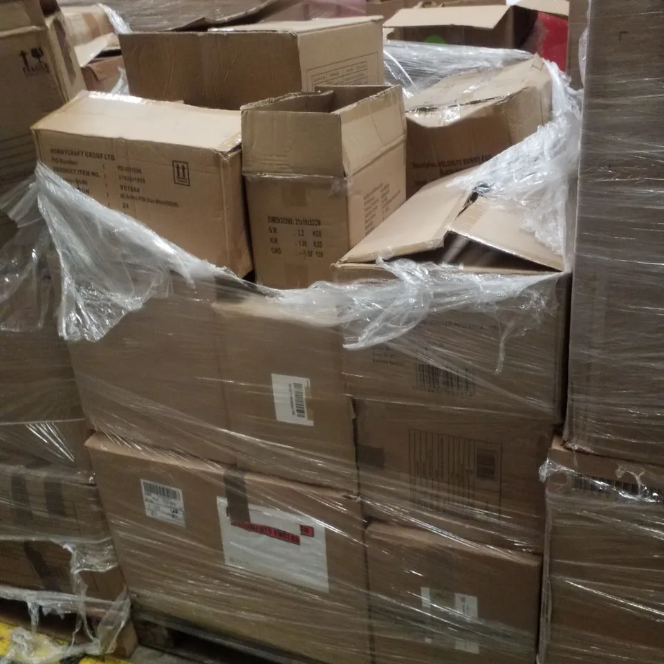 PALLET CONTAINING ASSORTED CHRISTMAS PRODUCTS & DECORATIONS INCLUDING MACHE HOUSE DECORATIONS, MAGIKSNOW, MINI CROSS STITCHES, RESIN GINGERBREAD DECORATIONS & LARGE CERAMIC LED LANTERNS