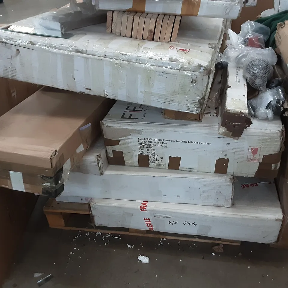 PALLET OF ASSORTED BOXED FURNITURE SUCH AS , END TABLE , WOODEN SLATS   COFFEE TABLE  , NEST OF TABLE AND BED FRAME