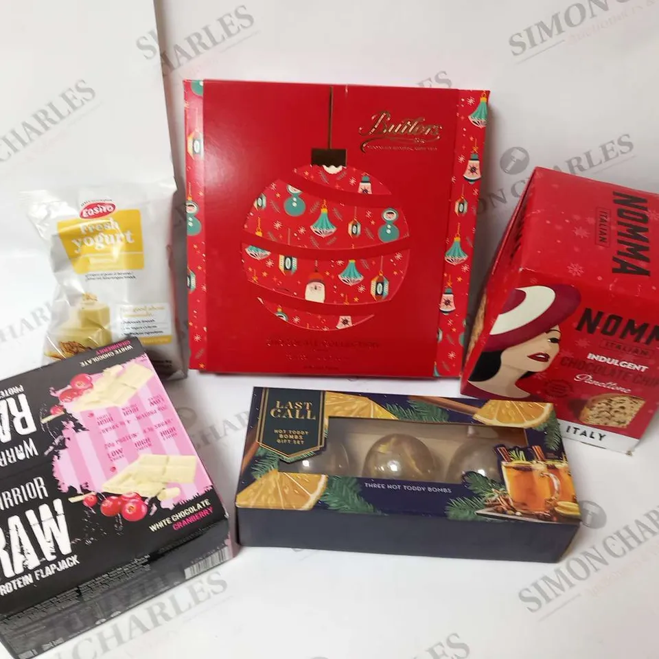 APPROXIMATELY EIGHT ASSORTED FOOD PRODUCTS TO INCLUDE; BUTLERS CHCOLATE COLLECTION, NOMMA PANETTONE, LAST CALL HOT TODDY BOMBS, WARRIOR RAW PROTEIN FLAPJACKS AND EASIYO FRESH YOGHURT