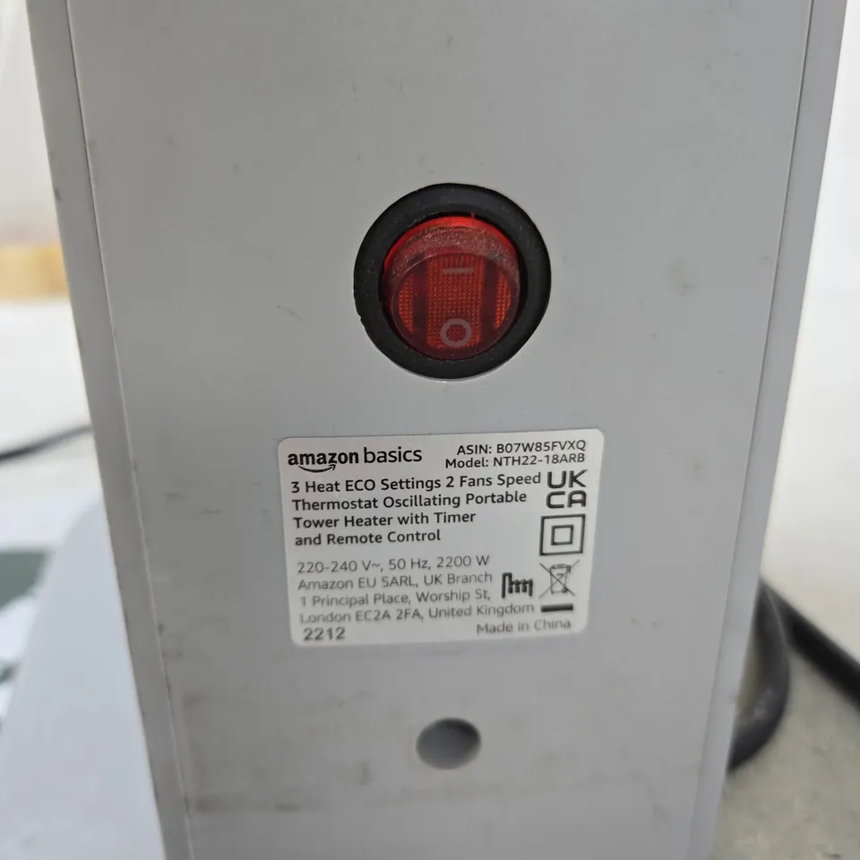AMAZON BASICS TOWER HEATER – 2200W, 230–240V, OSCILLATING, WITH TIMER