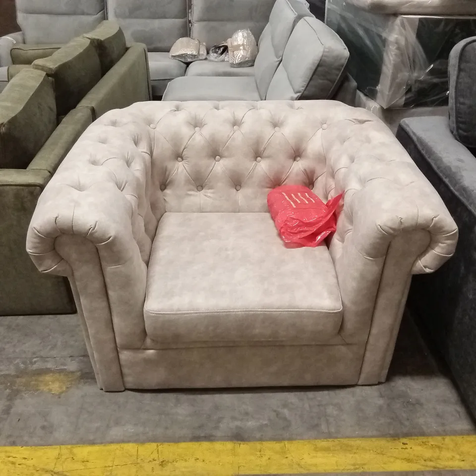 CHESTER CHESTERFIELD LEATHER LOOK ARMCHAIR - PEBBLE RRP £599