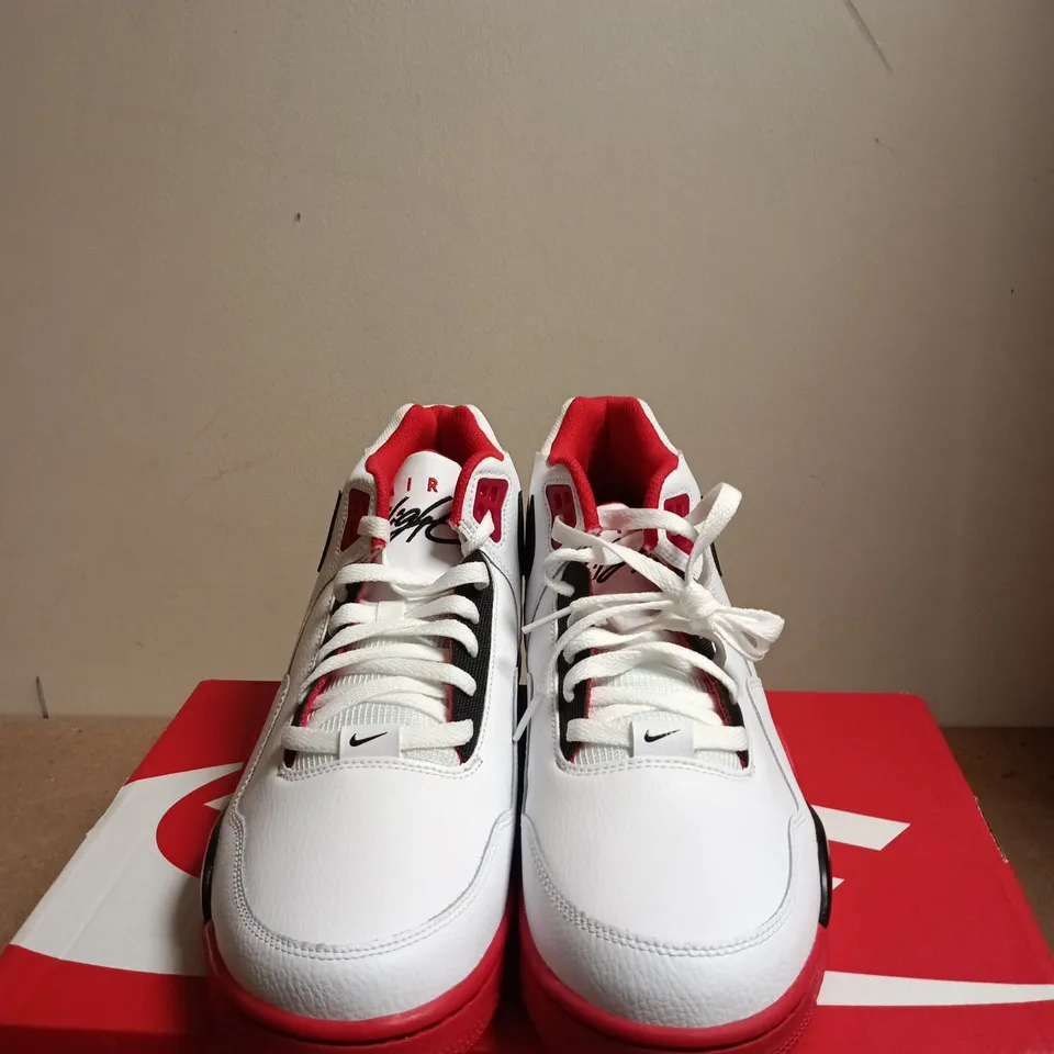 BOXED PAIR OF NIKE FLIGHT LEGACY SNEAKERS – WHITE/BLACK/UNIVERSITY RED, UK 11 (US 12)