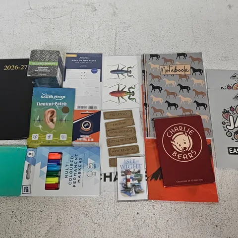 LOT OF APPROXIMATELY 30 ASSORTED HOUSEHOLD ITEMS TO INCLUDE TINNITUS PATCHES, CHARLIE BEAR POSTCARDS AND NOTEBOOK