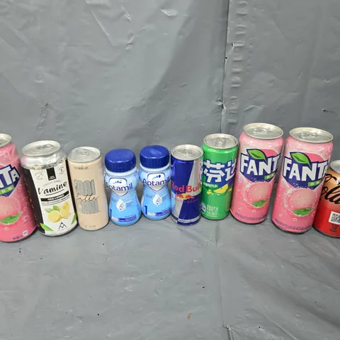 APPROXIMATELY 10 ASSORTED DRINK ITEMS TO INCLUDE - FANTA, REDBULL, AND APTAMIL ETC.