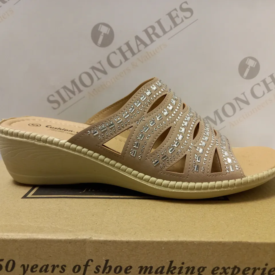 BOXED PAIR OF CUSHION WALK DIAMANTE MULES, TAUPE - SIZE 5
