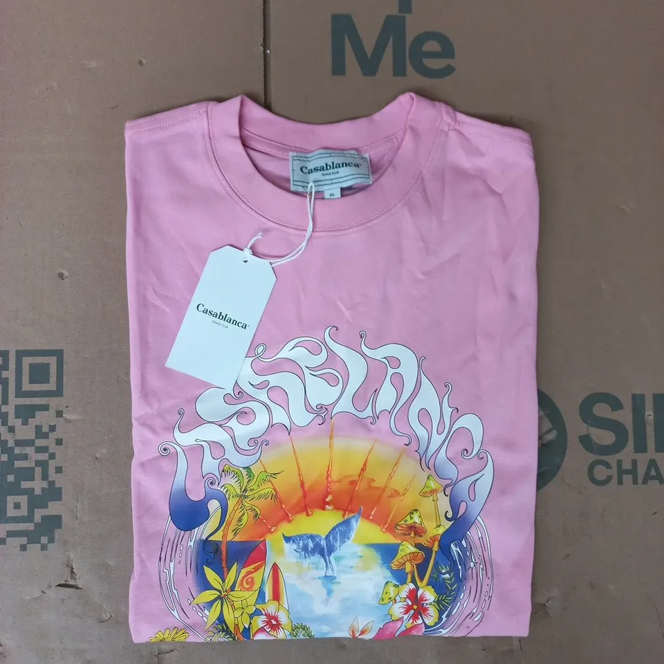 CASABLANCA TENNIS CLUB SHORT SLEEVE CREW NECK T-SHIRT IN PINK SIZE XL