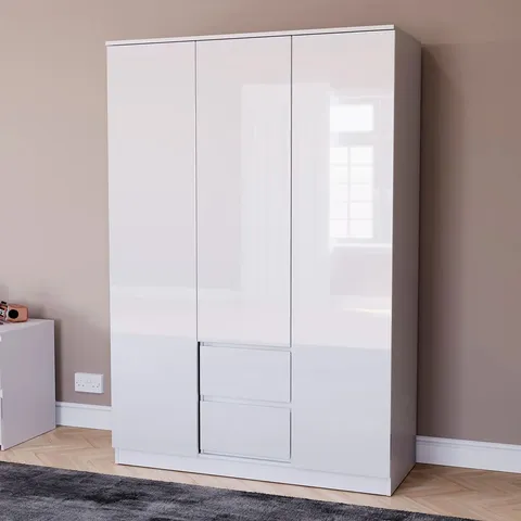 BOXED OSLO 3 DOOR 2 DRAWER HIGH GLOSS WARDROBE, (FSC 100%) BEDROOM HOME CLOTHING STORAGE - WHITE (3 BOXES)