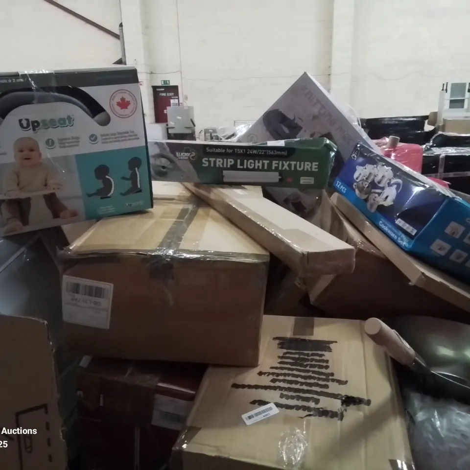 PALLET CONTAINING VARIOUS ASSORTED ITEMS TO INCLUDE: 12PC COOKWARE SET, KNITTING MACHINE, BABY PLAYPEN, BABY UPSEAT, REPTILE LAMP AND LOTS MORE UNMARKED BOXED ITEMS 