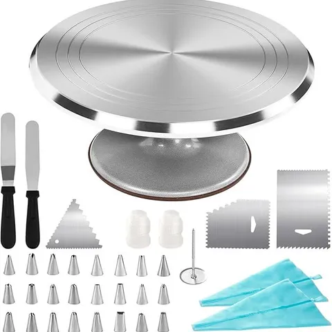 BOXED DAWOO CAKE TURNTABLE, ROTATING CAKE STAND, WITH 12 INCH ALUMINIUM ALLOY ROTATING TURNTABLE, INCLUDES PALETTE KNIFE AND CREAM SCRAPER ACCESSORIES