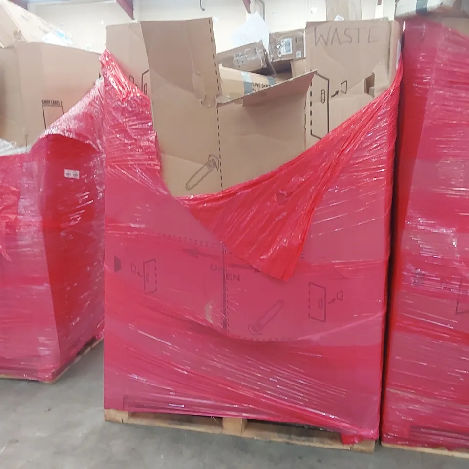 PALLET OF ASSORTED ITEMS INCLUDING: COOKER HOODS, VIBRATION PLATE, DERW SHOWER SYSTEM, RETRACTABLE GATE, INLINE SKATES ECT