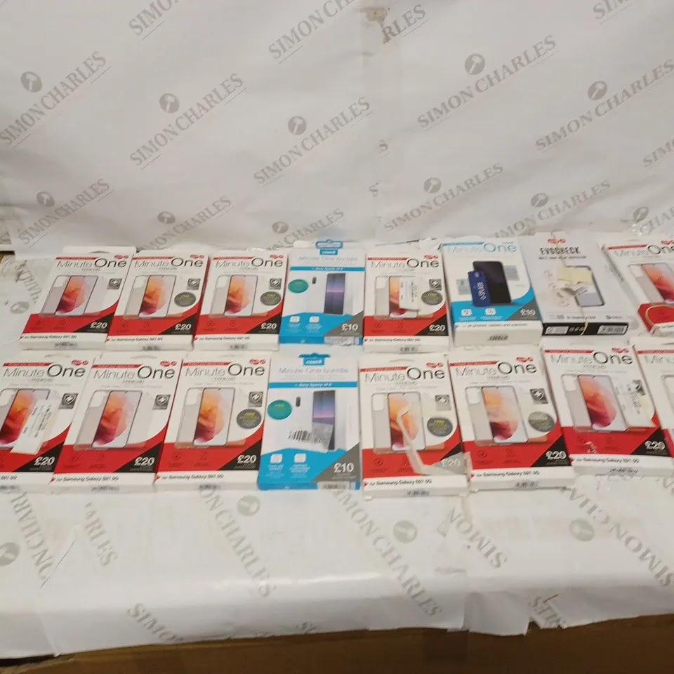LOT OF APPROXIMATELY 25 MINUTE ONE SCREEN PROTECTOR KITS TO INCLUDE SAMSUNG GALAXY S21 5G, SAMSUNG GALAXY S22+, AND SAMSUNG GALAXY S20 ULTRA ETC.