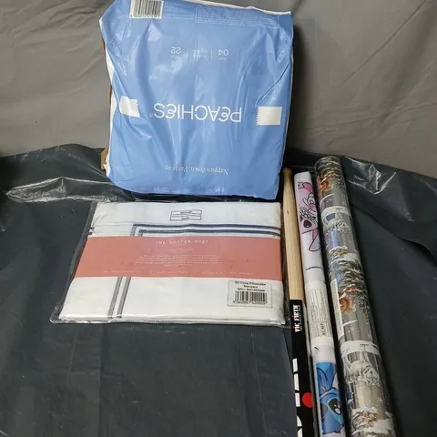 BOX OF APPROXIMATELY 20 ASSORTED HOUSEHOLD ITEMS TO INCLUDE PEACHIES NAPPIES, DRUM STICKS, WALLPAPERS, PILLOWCASE ETC