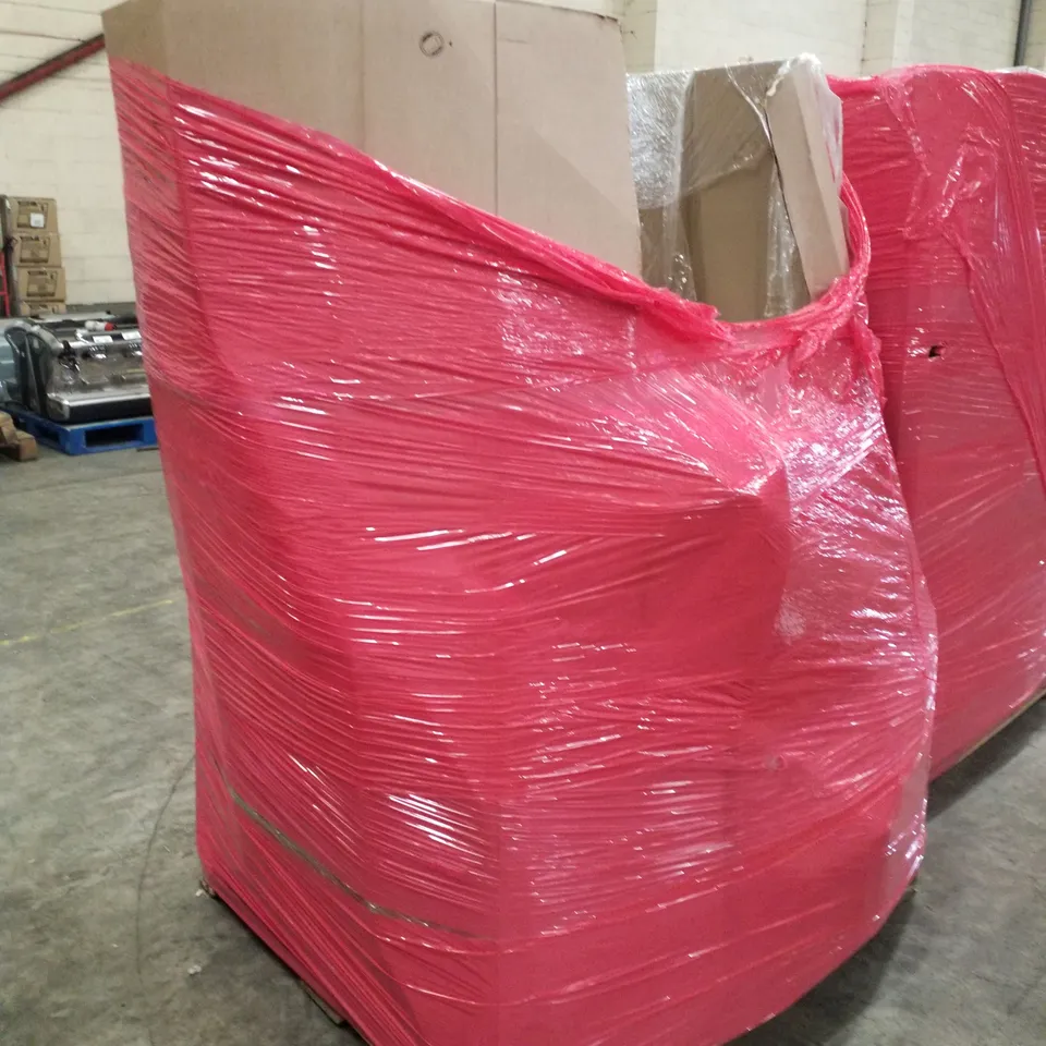 PALLET OF ASSORTED PRODUCTS INCLUDING CEILING FAN, BACKDROP STAND, WALL CLOCK, TOILET SEAT, OFFICE CHAIR 