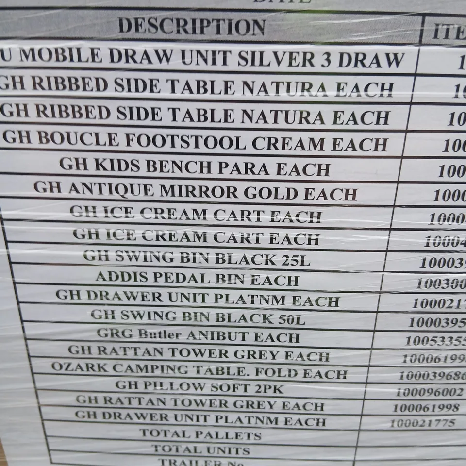 PALLET OF APPROXIMATELY 18 ASSORTED PRODUCTS TO INCLUDE; MOBILE DRAWER UNIT, RIBBED SIDE TABLE, BOUCLE FOOTSTOOL, SWING BIN, BUTLER ANIMATED, RATTAN TOWER, ICE CREAM CART AND PILLOW