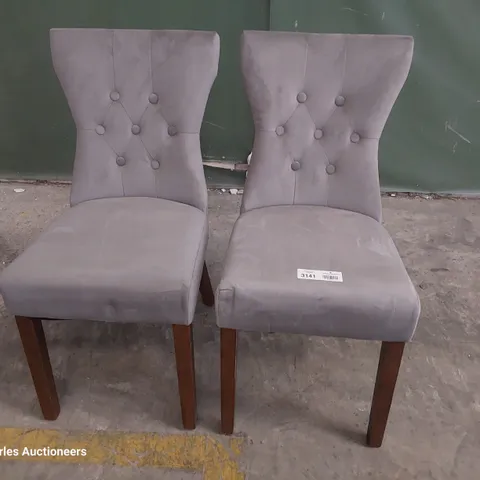 PAIR OF UPHOLSTERED BUTTONED BACK DINING CHAIRS MINK PLUSH FABRIC ON DARK LEGS 