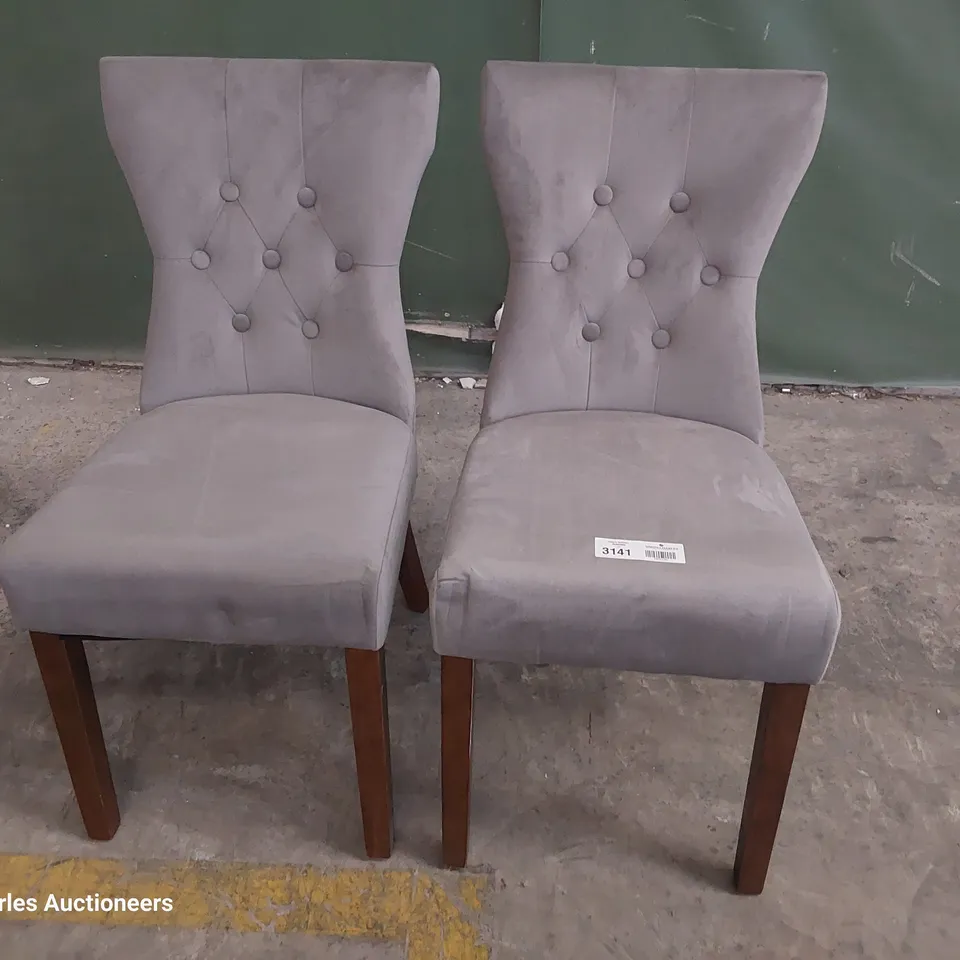 PAIR OF UPHOLSTERED BUTTONED BACK DINING CHAIRS MINK PLUSH FABRIC ON DARK LEGS 