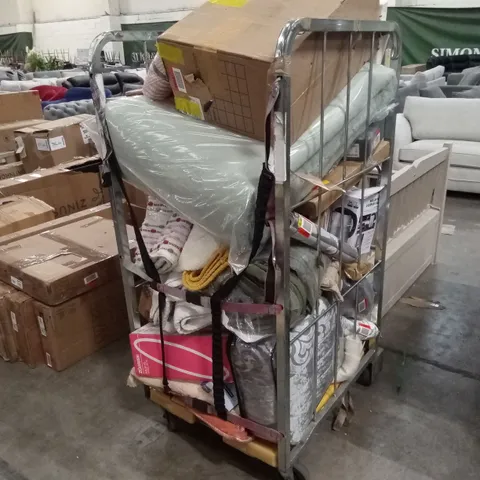 CAGE OF ASSORTED HOUSEHOLD GOODS AND PRODUCTS TO INCLUDE; BEDDING, TOWELS, KETTLE ETC