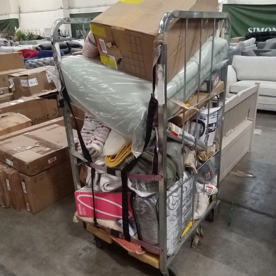 CAGE OF ASSORTED HOUSEHOLD GOODS AND PRODUCTS TO INCLUDE; BEDDING, TOWELS, KETTLE ETC